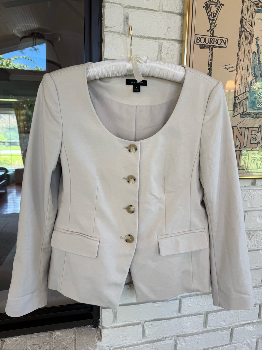Ann Taylor Light Cream Scoop-Neck Button Blazer